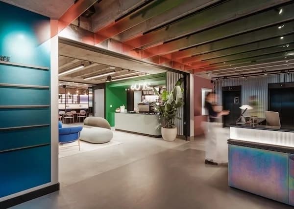 The reception area of the hub, showcasing the modern style of the hub, a teapoint is also in shot