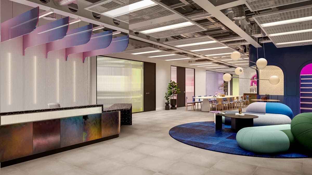 Huckletree Bishopsgate coworking space reception area 3d design 