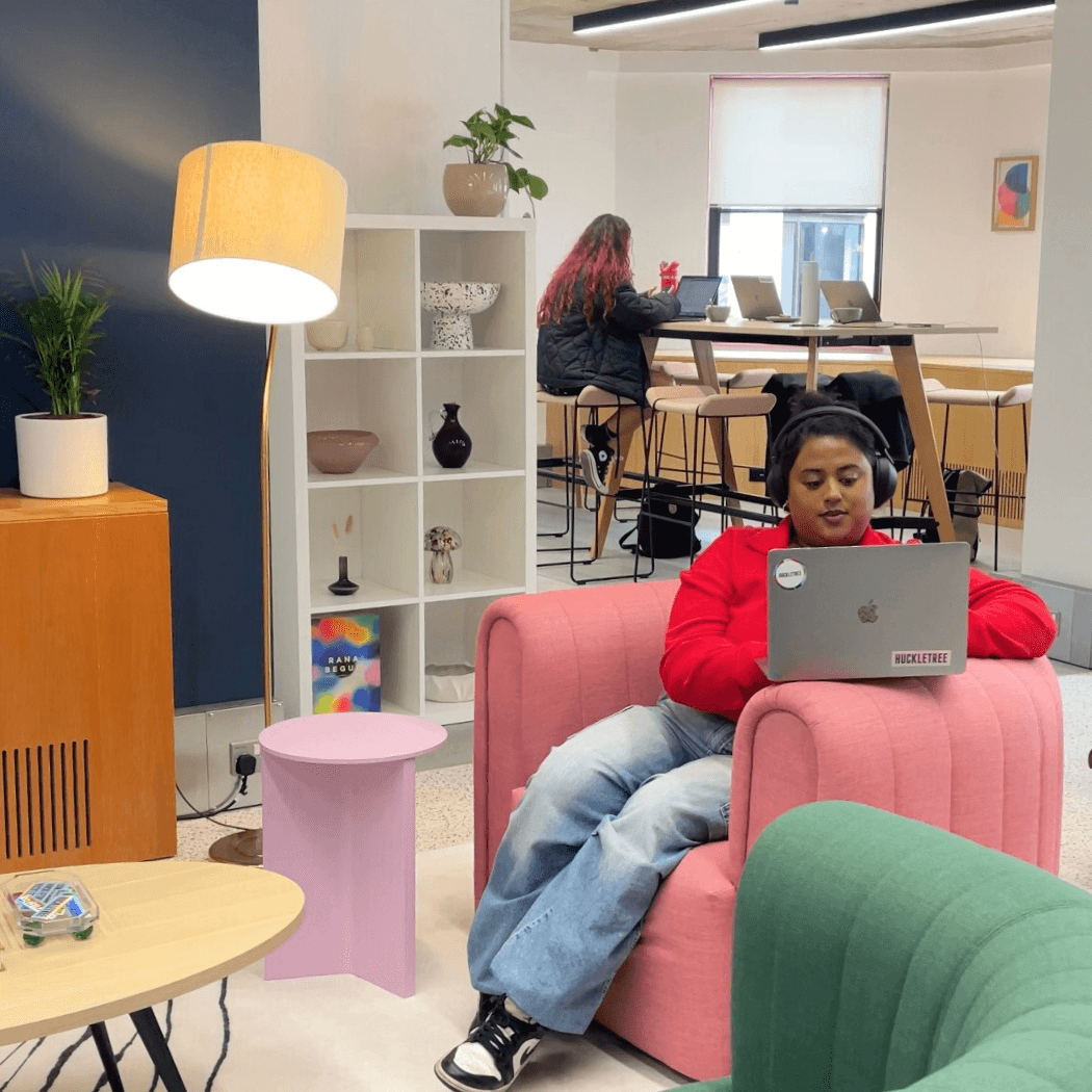Coworkers using the new space